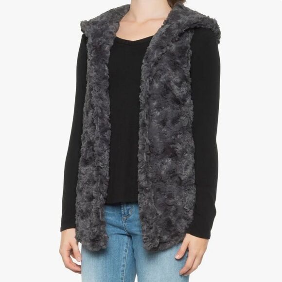 Dylan True Grit Faux Fur Hooded Vest Gray Soft Cozy Warm Size M - Picture 2 of 13